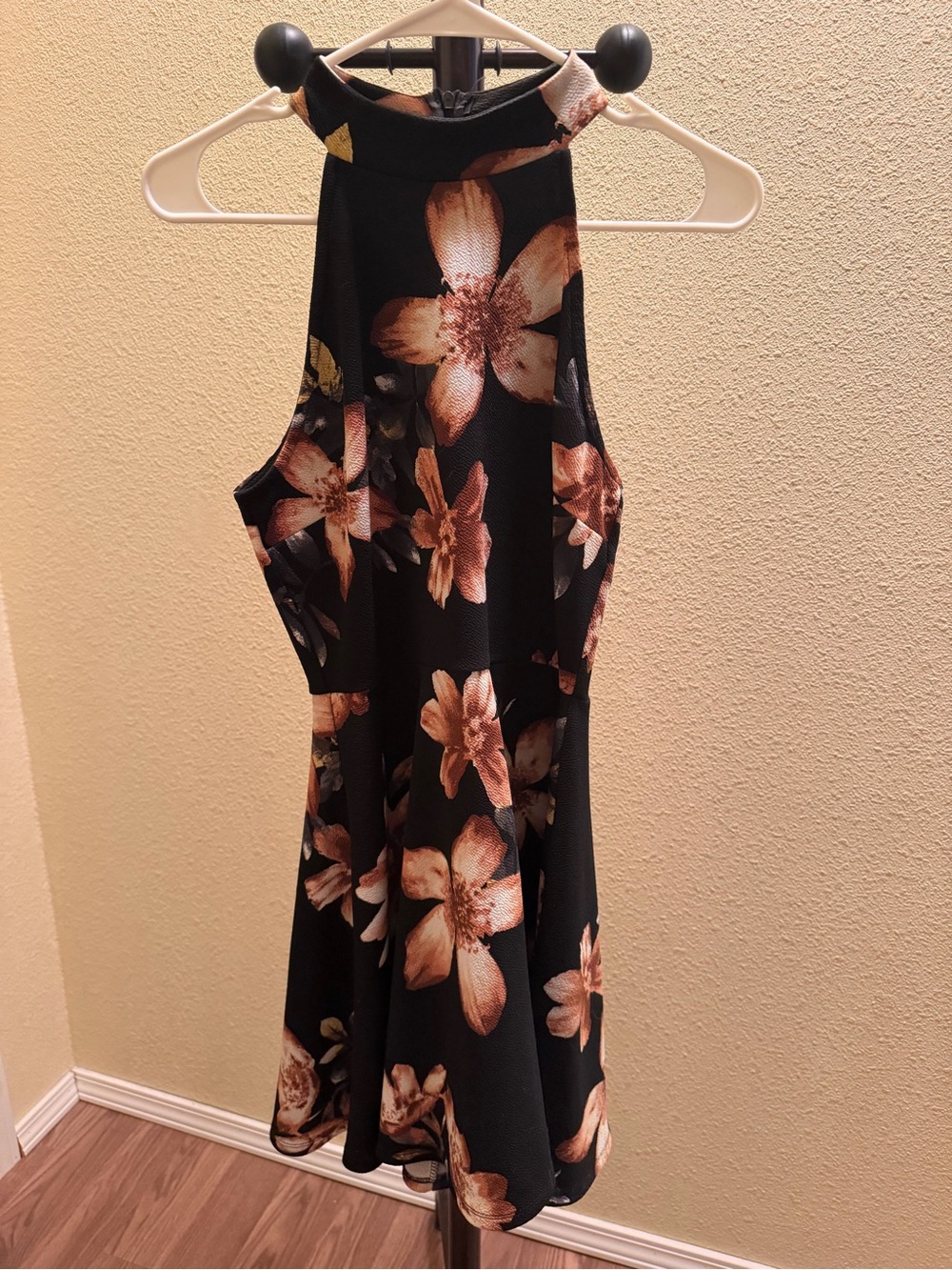Floral Halter Skater Dress in Black and Blush